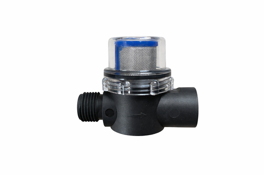 Window cleaning water pump pre filter housing